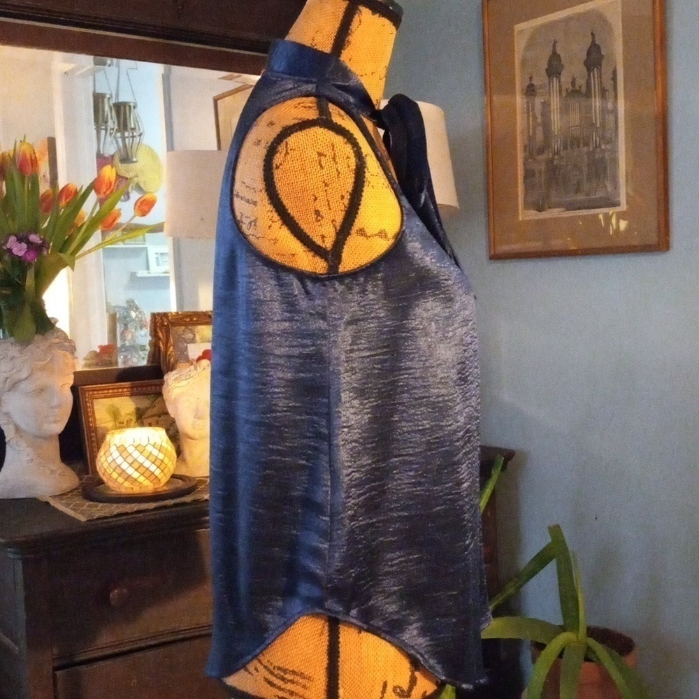 Anthropologie Maeve Navy Satin Tie Neck Sleeveless Swing Blouse Top 2P - Picture 10 of 16